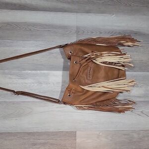 Unionbay‎ Brown Fringe Crossbody Bag Drawstring Hobo Bucket 90s Y2K